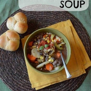 everything but the kitchen sink soup with clover rolls - top view