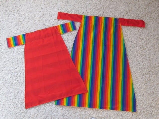 reversible apron - or cape if you're a mom - rainbow on one side and red on the other
