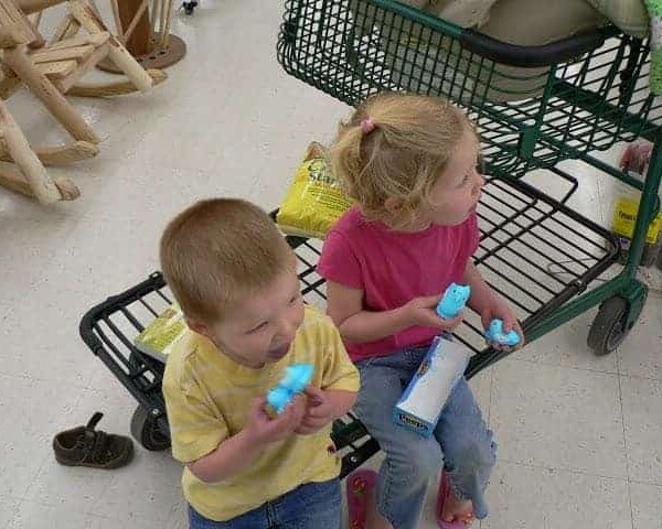 kids eating peeps at the store