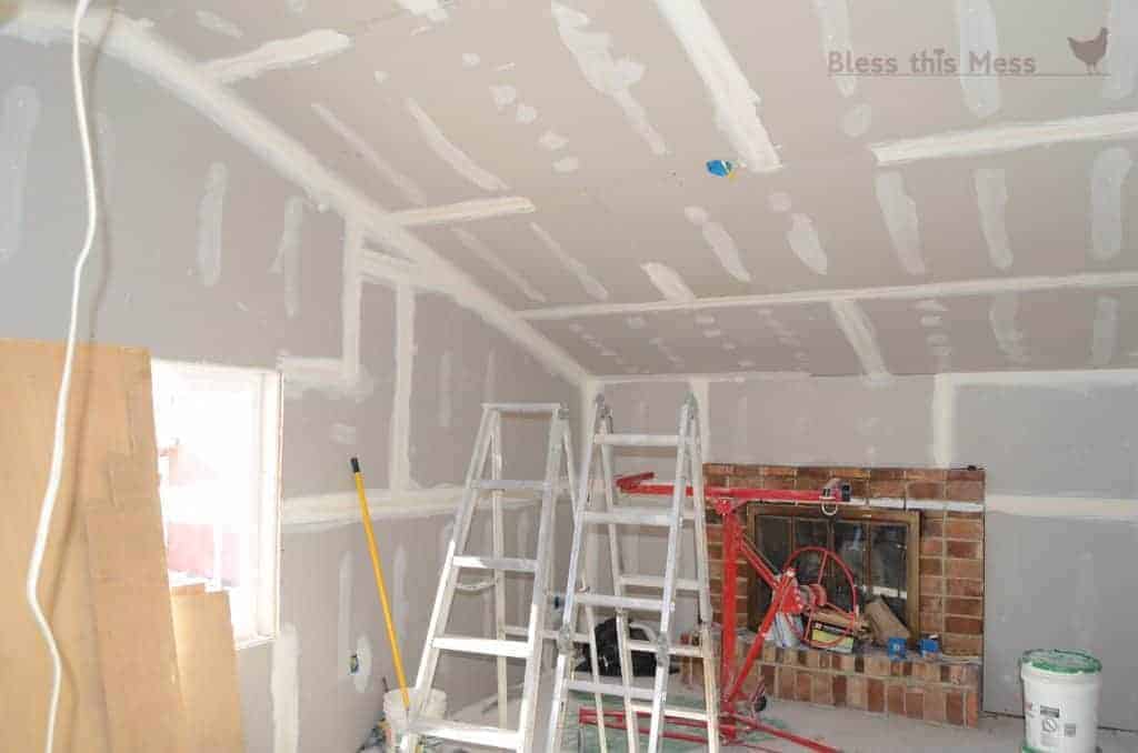 fireplace makeover before pictures, new sheet rock, drywalling, how to add drywall to home