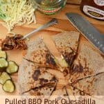 BBQ Pork Quesadillas are tender meat swimming in BBQ sauce is paired with melty cheese in between two tortillas. Throw on some chopped pickles and you are really in business.