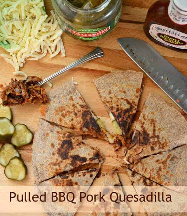 BBQ Pork Quesadillas are tender meat swimming in BBQ sauce is paired with melty cheese in between two tortillas. Throw on some chopped pickles and you are really in business.