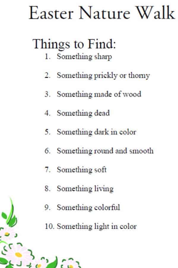 Text list for Easter Nature Walk with 10 items to find in nature a floral decoration in the lower corner of the page