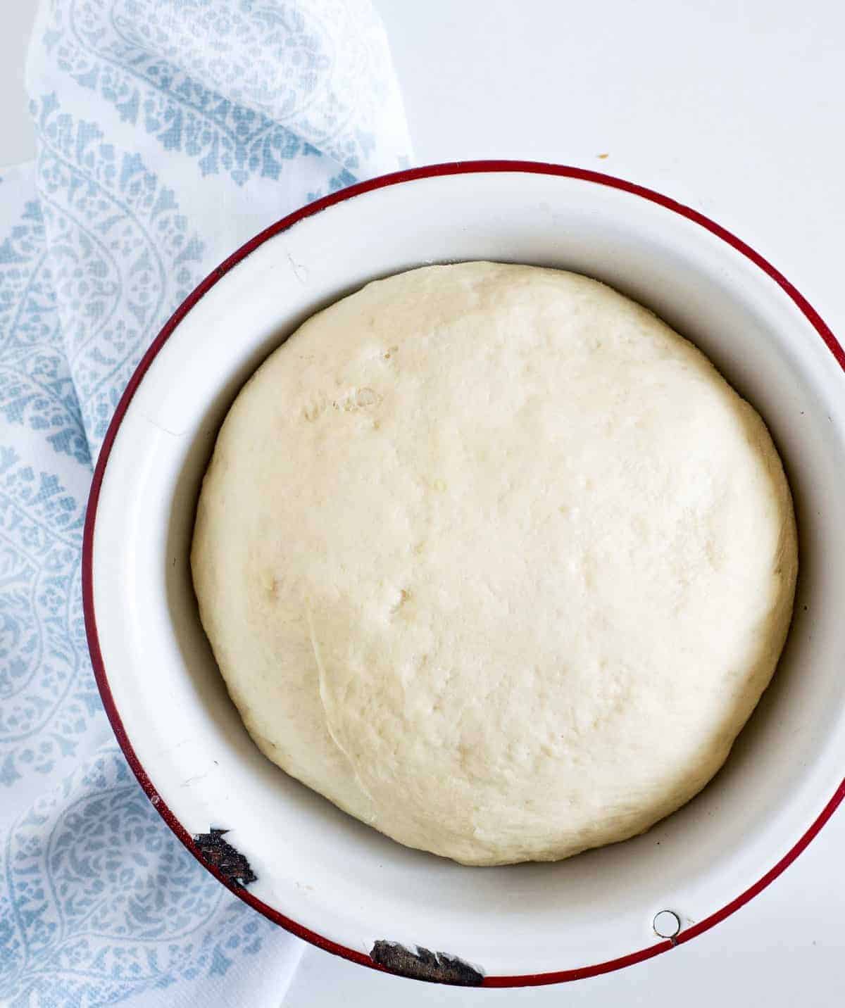 white round bowl with puffy pale dough in it.