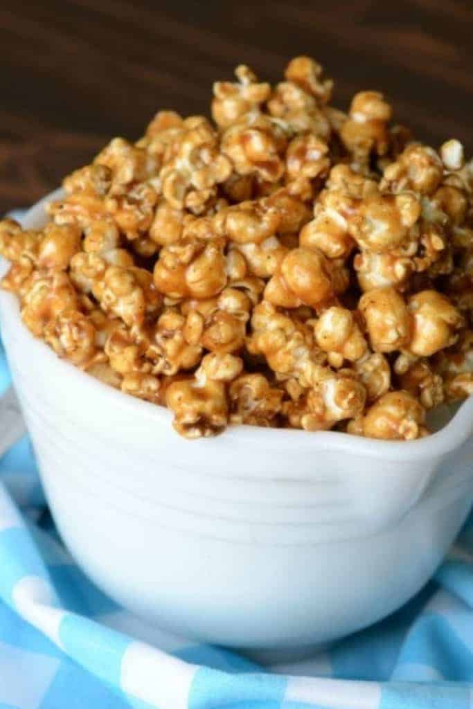 Caramel corn in a white bowl