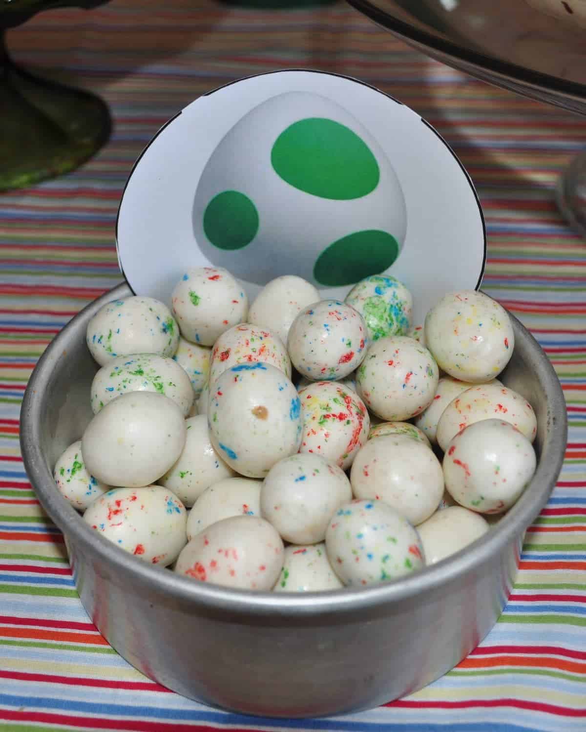 'yoshi eggs' white malted milk balls in a bowl
