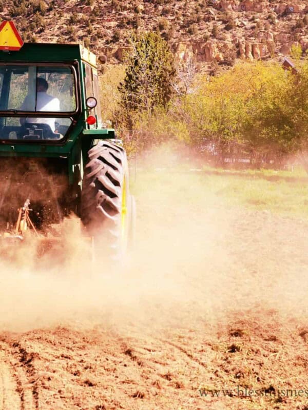 tractor in farm field.