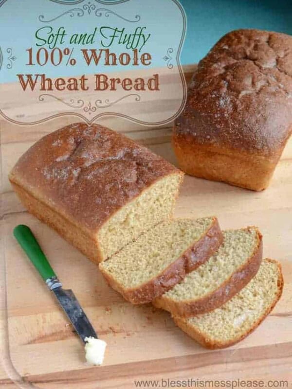 pin showing loaf of bread with words soft and fluffy 100% whole wheat bread.