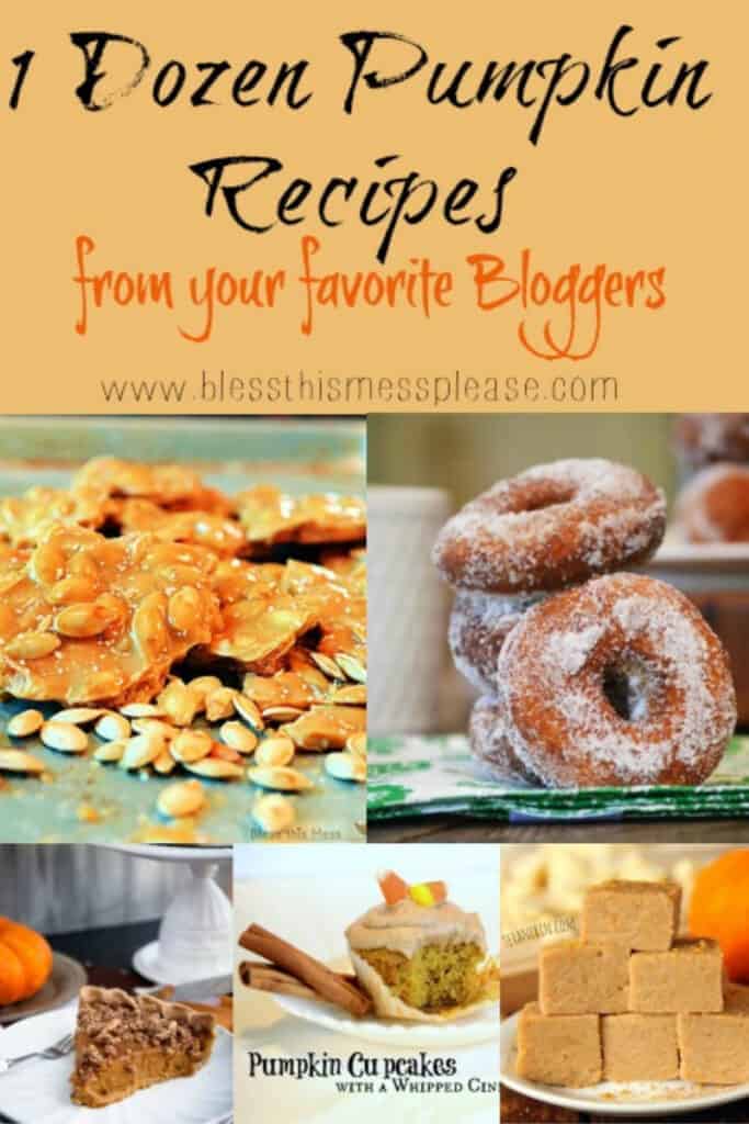 text reads "1dozen pumpkin recipes from your favorite bloggers" and a collage of pumpkin food