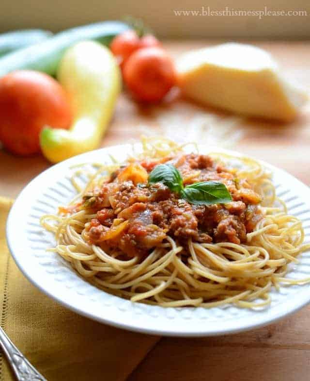 Garden Vegetable Pasta Sauce made with all the vegetables that come from a summer garden, with or without meat, making the perfect easy pasta dinner.