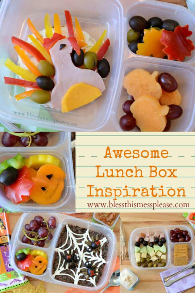 text reads "awesome lunch inspiration" with halloween themed snacks in a home made take out containers