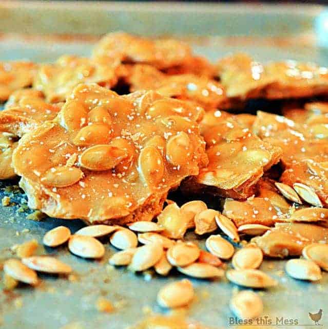 roasted pumpkin seeds brittle candy, A dozen amazing pumpkin recipes collected at www.blessthismessplease.com