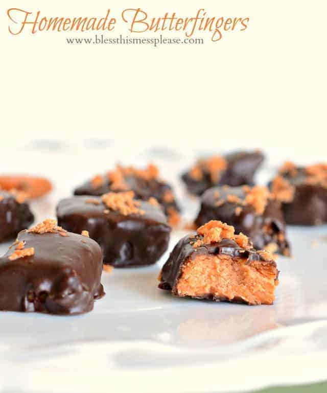 Homemade Butterfingers from www.blessthismessplease.com only 3 ingredients and super fun to make. The texture is perfect!