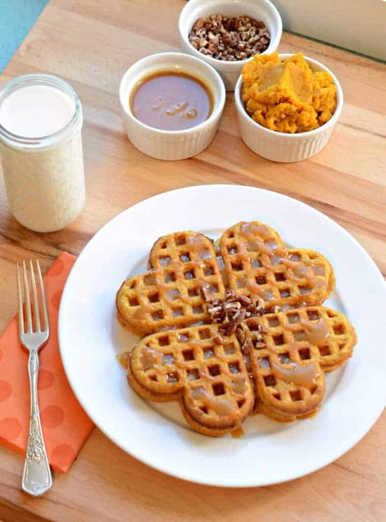 Pumpkin Caramel Spice Waffles with Caramel Maple Syrup