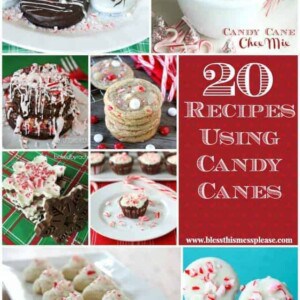 A collage of holiday desserts decorated with crushed candy canes, including cookies, cakes, treats on sticks, and a bowl of mix. Text reads 20 Candy Cane Recipes with a website link.