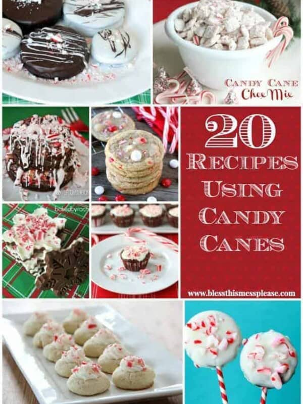 A collage of holiday desserts decorated with crushed candy canes, including cookies, cakes, treats on sticks, and a bowl of mix. Text reads 20 Candy Cane Recipes with a website link.