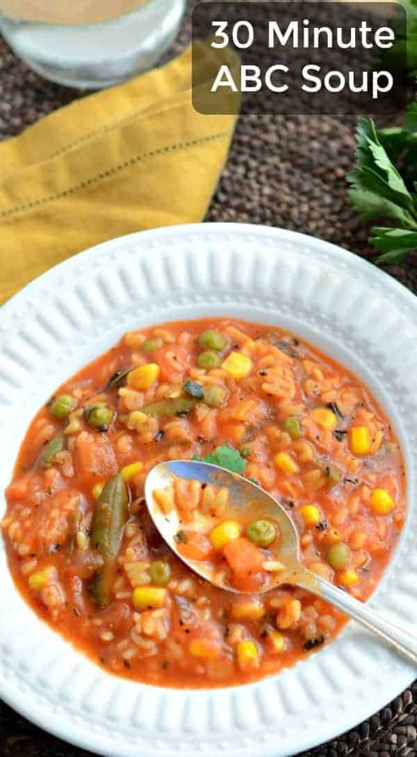 Alphabet soup that is super easy to make, packed with vegetables, kid-approved, and done in 30 minutes or less. #soup #meatless #vegetarian #abc #healthy #kidfood