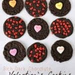 Title Image for Rich Dark Chocolate Valentine's Cookies with 9 dark chocolate cookies topped with tiny red hearts and candy conversation hearts