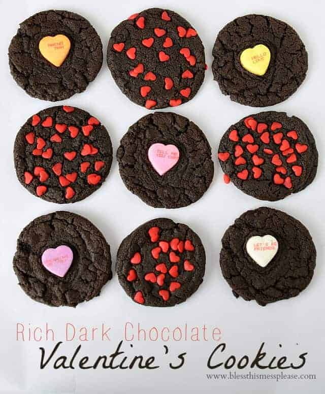 Title Image for Rich Dark Chocolate Valentine's Cookies with 9 dark chocolate cookies topped with tiny red hearts and candy conversation hearts