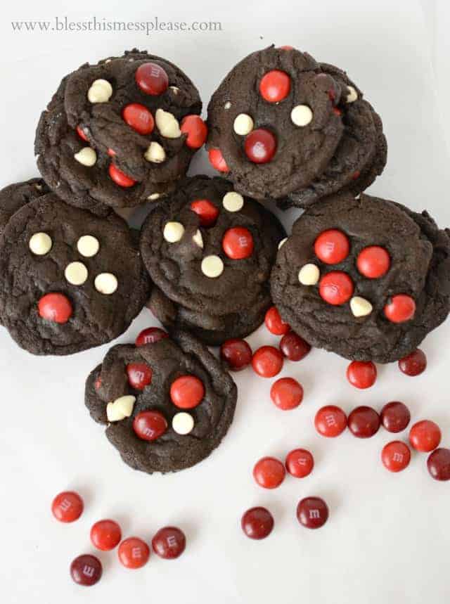 Double Chocolate Cherry Cordial Cookies made with M&Ms.