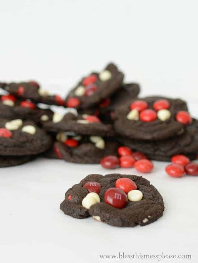 Double Chocolate Cherry Cordial M&M Cookies from www.blessthismessplease.com