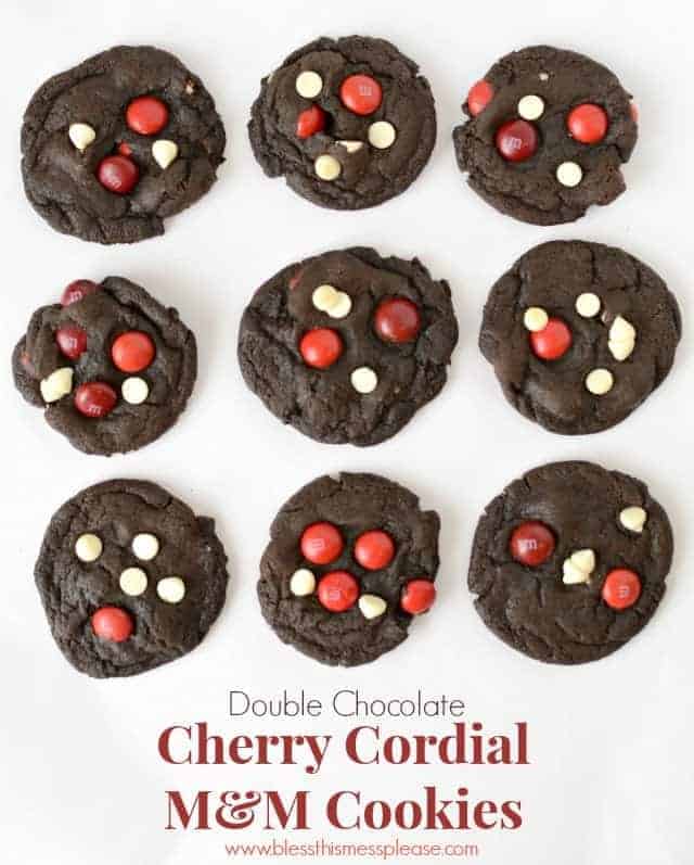Double Chocolate Cherry Cordial M&M Cookies from www.blessthismessplease.com
