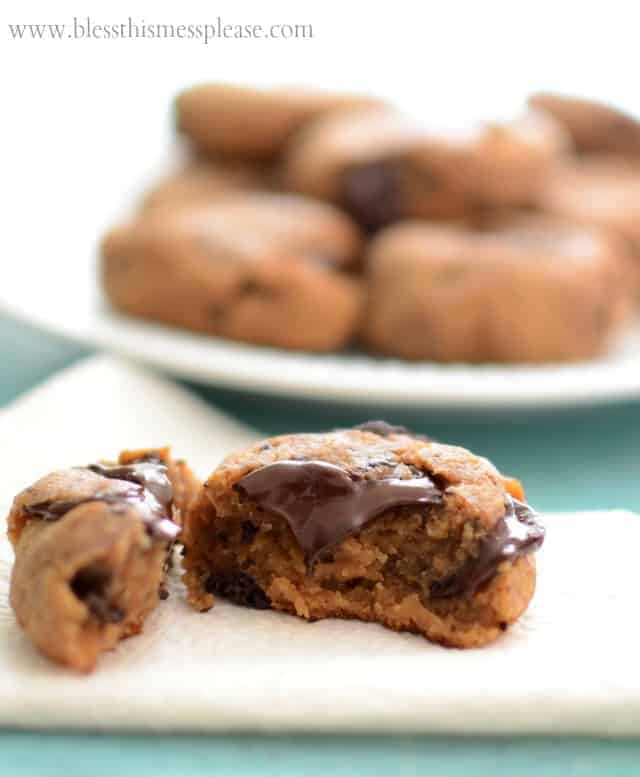 Image of a Chickpea Peanut Butter Chocolate Chip Cookie Split in Half.