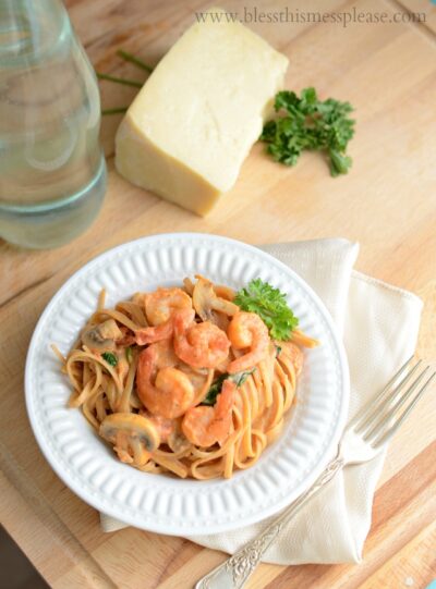 Linguine Rosa with Shrimp is healthy, full of protein, whole grains, veggies, and is done in 30 minutes.