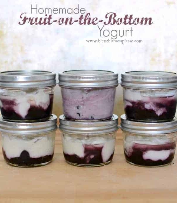 Homemade fruit on the bottom yogurt cups made with blueberries, maple syrup and Greek yogurt.