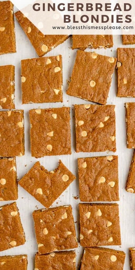 cut blondies from the top down on white background with the word "gingerbread blondies" in the corner