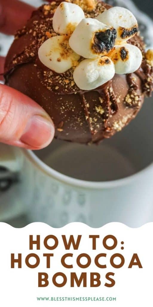 above shot of hot chocolate bomb dropping in to a light blue mug