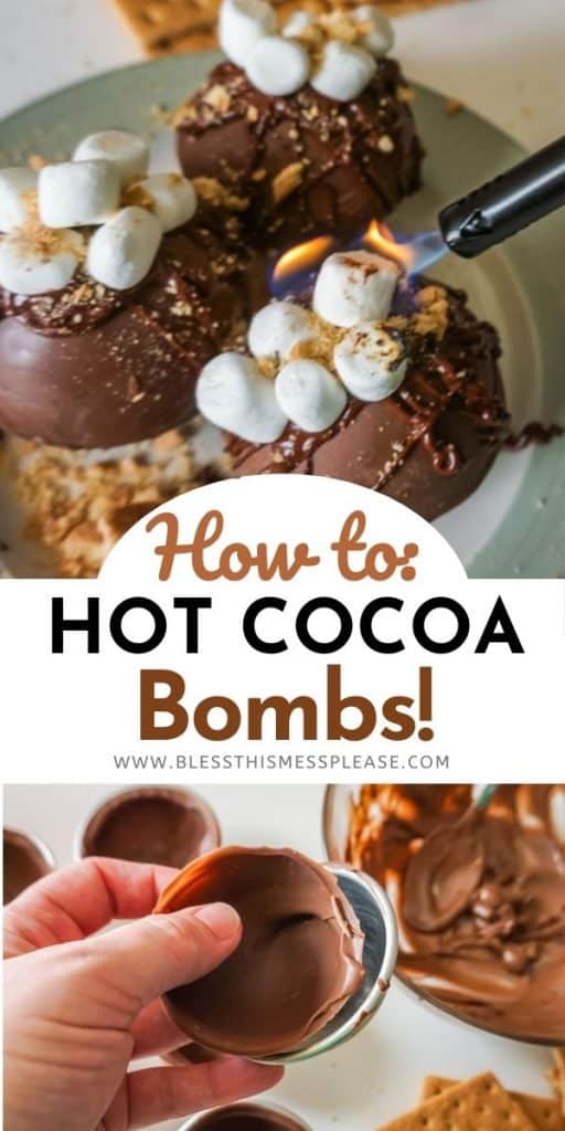 Tow pic sandwitching the text 'how to hoot cocoa bombs The upper is a lighter roasting marshmallows on top of bomb the lowers is a mold with chocolate in it