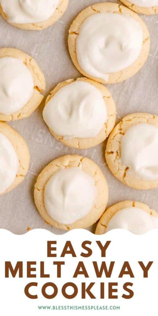 Cookies with white icing on parchment, top view, and the works "easy melt away cookies" in brown at the bottom