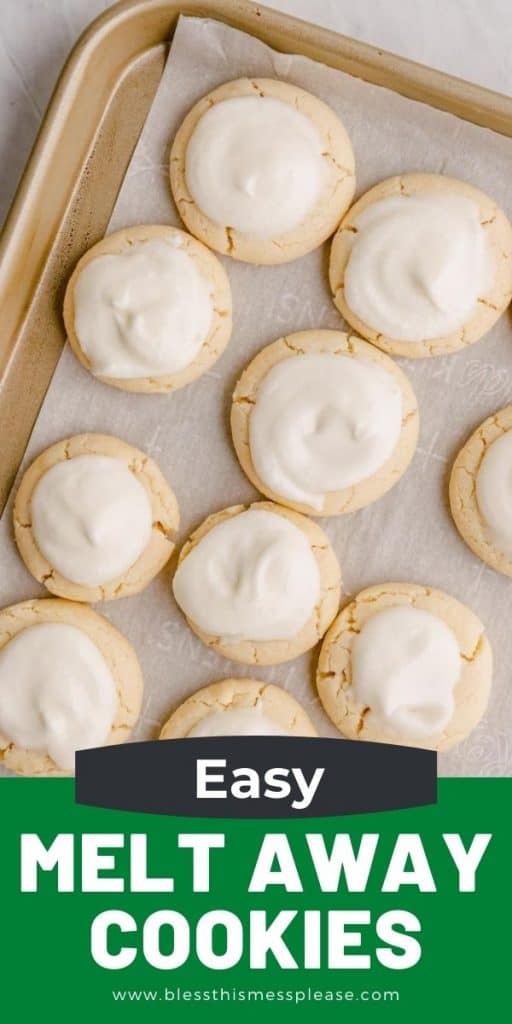 top view of cookies with white icing on them with letters in green at the bottom that say "melt away cookies"