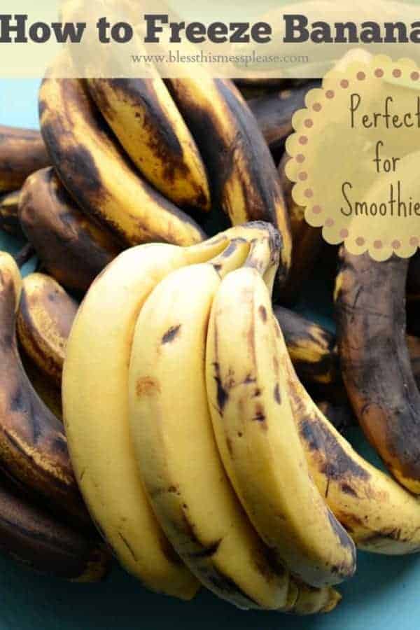 How to Freeze Bananas text with several bunches of overripe bananas