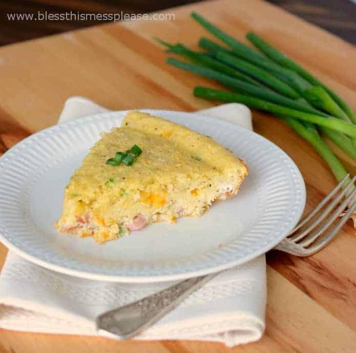 Easy Ham and Cheese Breakfast Pie is kind of a cross between a quiche (very eggy) and a strata (very bready). My family loved it!