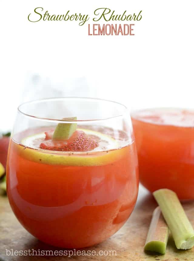 Lemonade in round glasses with rhubarb on the side with words