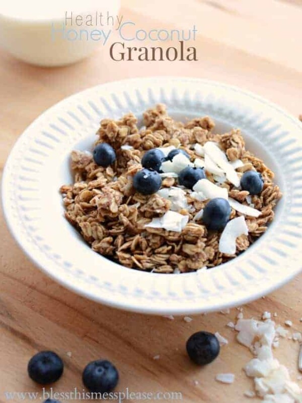 Healthy honey coconut granola recipe made with whole grain oats, honey, coconut oil, coconut flakes and more!