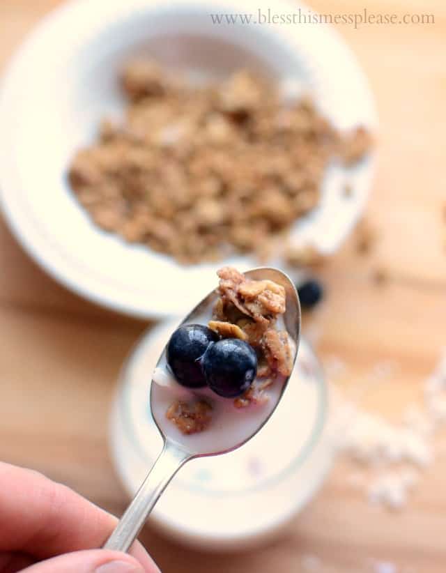 Healthy honey coconut granola recipe made with whole grain oats, honey, coconut oil, coconut flakes and more!