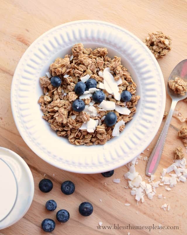 Healthy honey coconut granola recipe made with whole grain oats, honey, coconut oil, coconut flakes and more!