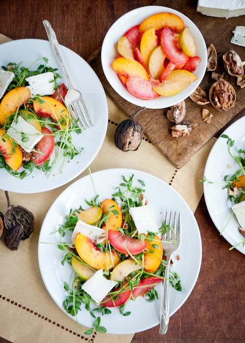 pea+shoot+stone+fruit+salad+with+goat+brie