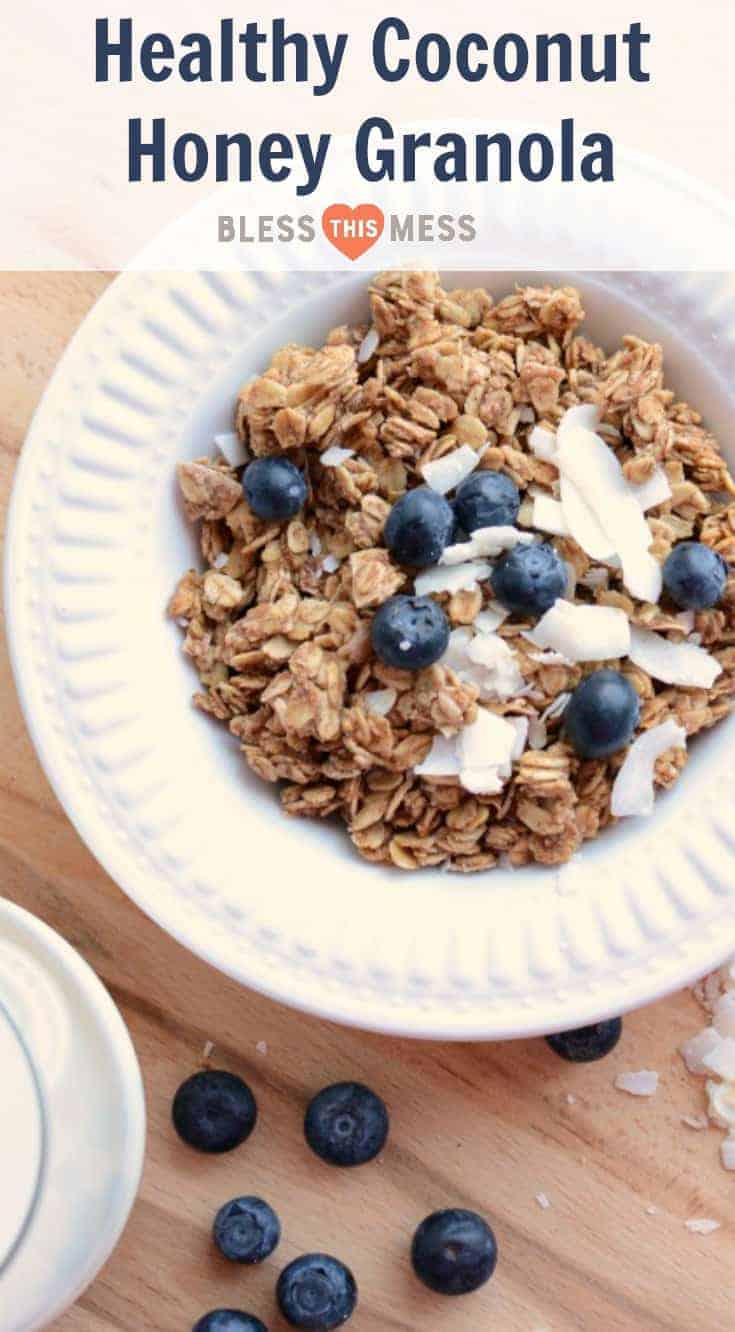 Healthy honey coconut granola recipe made with whole grain oats, honey, coconut oil, coconut flakes and more! 