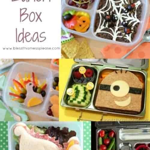Title Image for Lunch Box Ideas with 5 examples of healthy lunches with food that resembles characters and animals