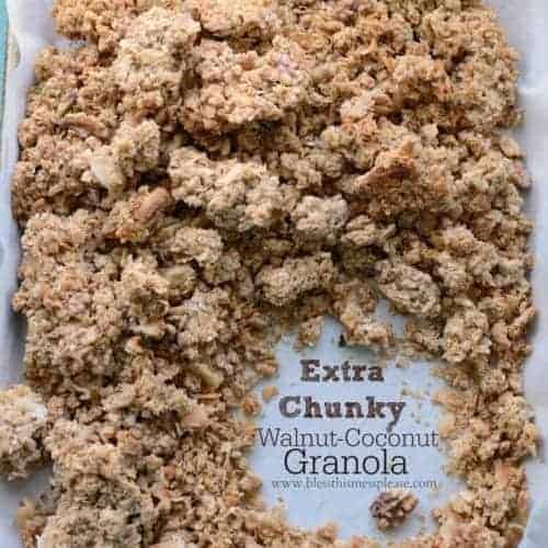 Pan of chunky granola with walnuts