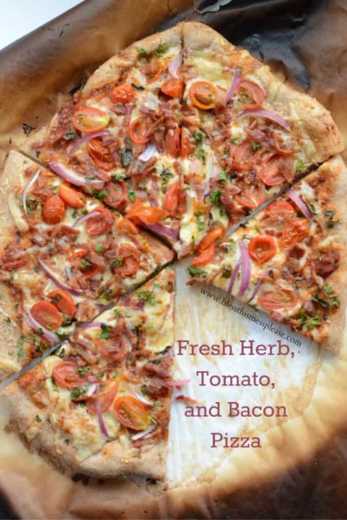 text reads "fresh herb tomato and bacon pizza"