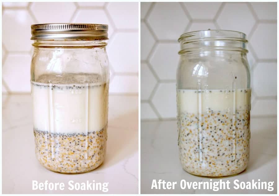 before and after image of steel cut oats soaking overnight