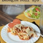 text reads "pepperoni pizza lasagna roll-ups" lasagna with cheese and pepperoni on a white plate