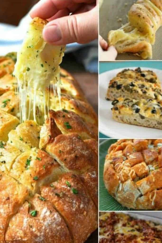 A collage of five different types of cheesy breads