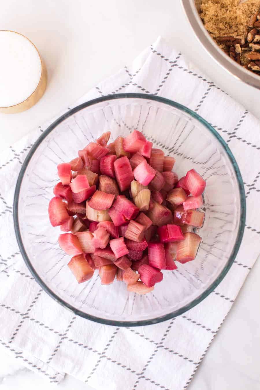 chopped rhubarb in clear glass bowl