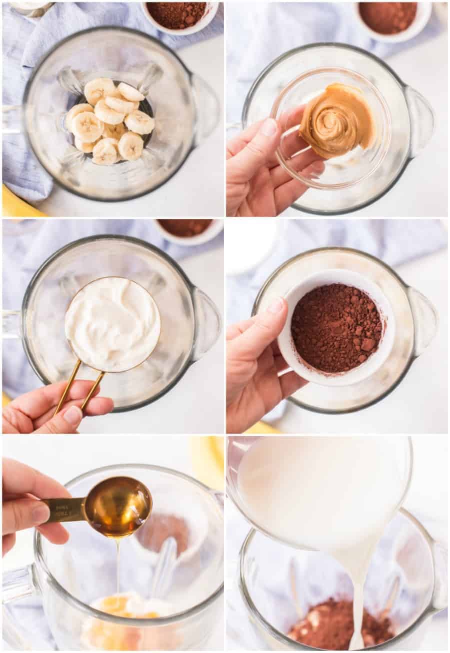 how to make healthy chocolate peanut butter smoothies with bananas step by step collage image